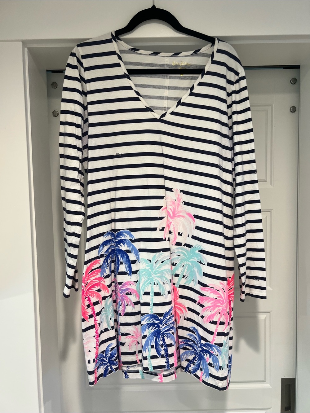 Lilly Pulitzer Navy & White Striped Dress with Pink, Blue & Aqua Palm Print